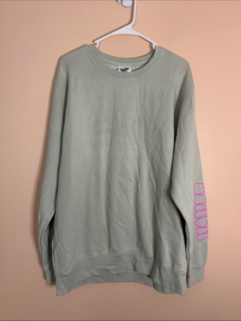 Light Sage Crewneck Sweater with Pink Sleeve Detail